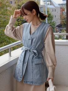 FRIFUL Women's Belted Denim Vest Jacket - Medium Wash - View 4