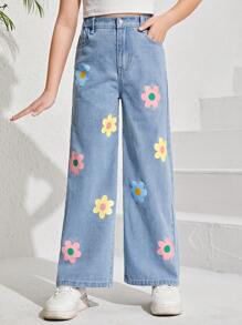 SHEIN 少女休閒舒適寬腿牛仔褲,可愛的多巴胺著色區塊和花卉印花,淺色洗水藍