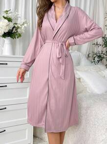Contrast Trim Belted Kimono Robe With Shawl Collar - Dusty Pink - View 5