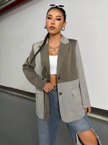 SHEIN Unity 尖翻領單排扣格紋西裝外套 - 棕色 - 查看 6