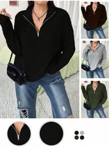 Flirla 加大码半拉链落肩针织套头衫秋冬毛衣 - 灰色 - 查看 1