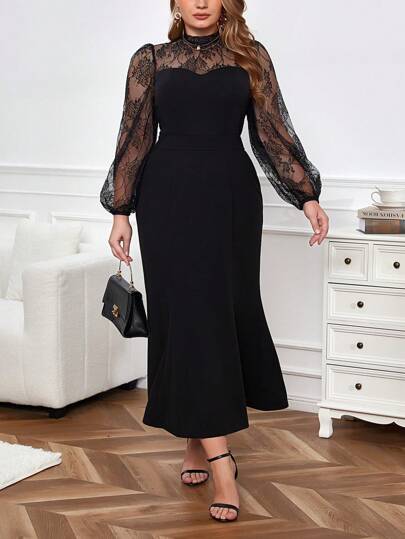 SHEIN Privé 優雅大碼女士襯托袖蕾絲接縫人魚擺裙連衣裙