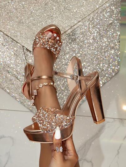 女士亮片厚底穆勒凉鞋，厚底高跟