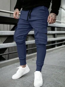 Manfinity EMRG Men's Loose Flap Pocket Cargo Jogger Pants With Drawstring Waist - Navy Blue - View 3