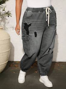SHEIN CURVE+ 抽繩 口袋純色大碼牛仔褲 - 灰色 - 查看 3