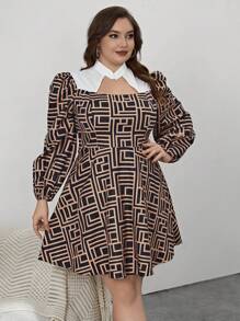 SHEIN Privé Plus Geo Print Lantern Sleeve Dress Without Belt - Brown - View 6