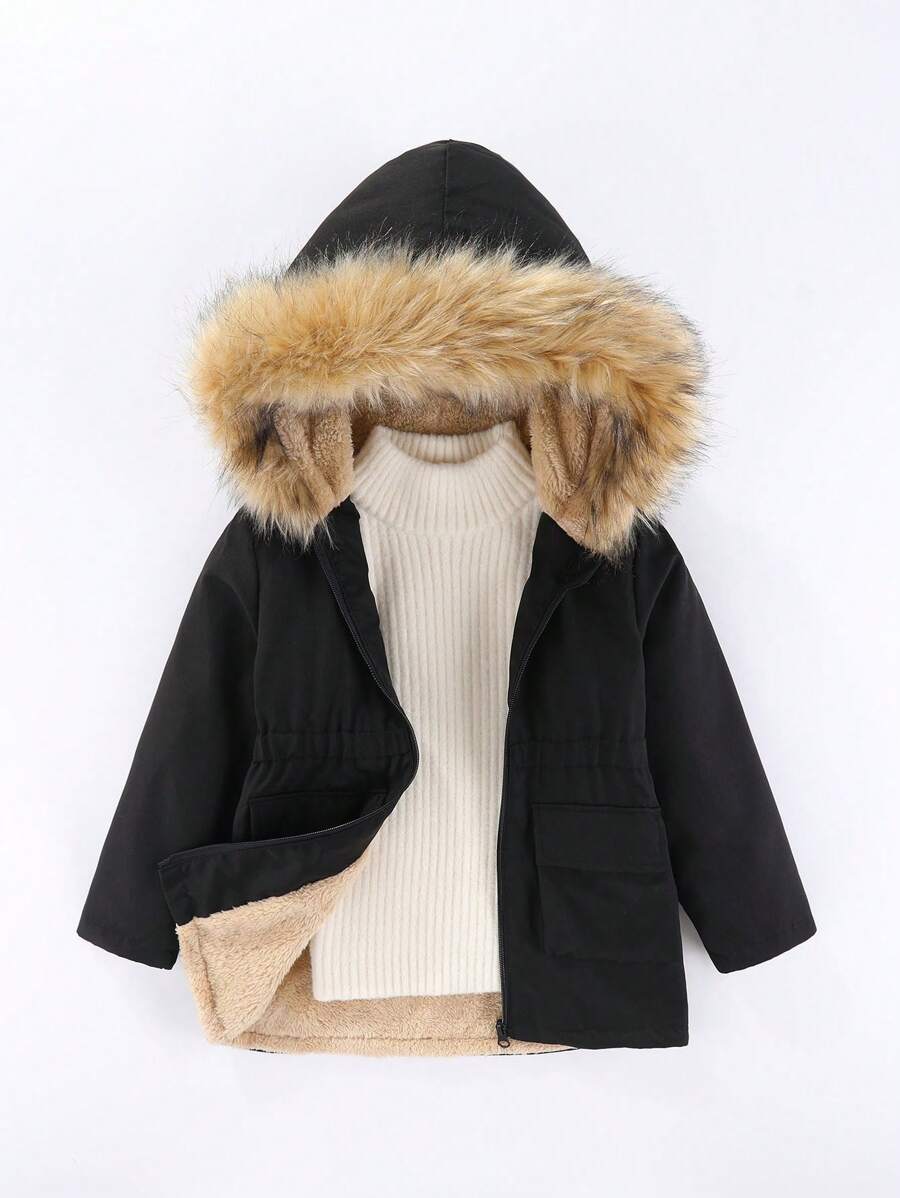 SHEIN Little Girls' Fleece Lined Coat With Waist Drawstring SHEIN USA