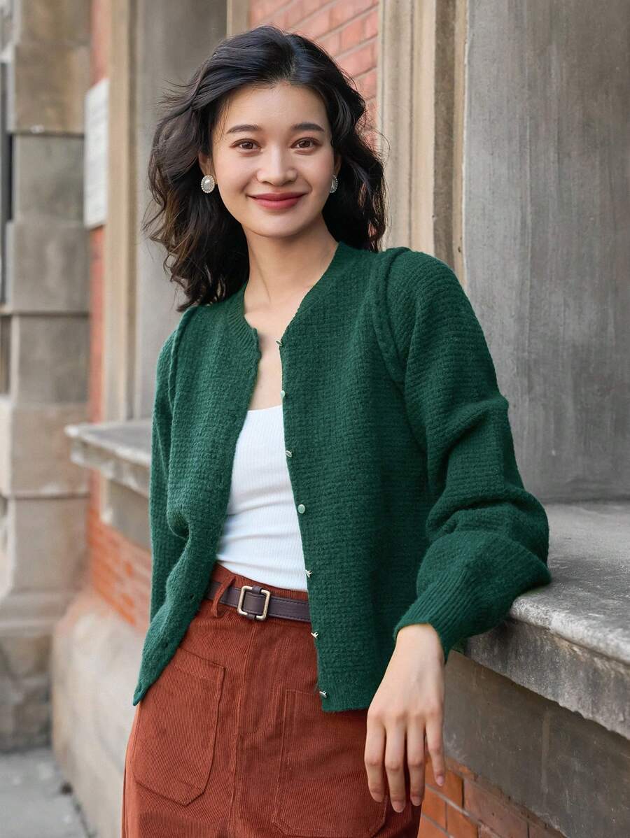 Dazy Star Solid Button Front Cardigan - Green - View 1