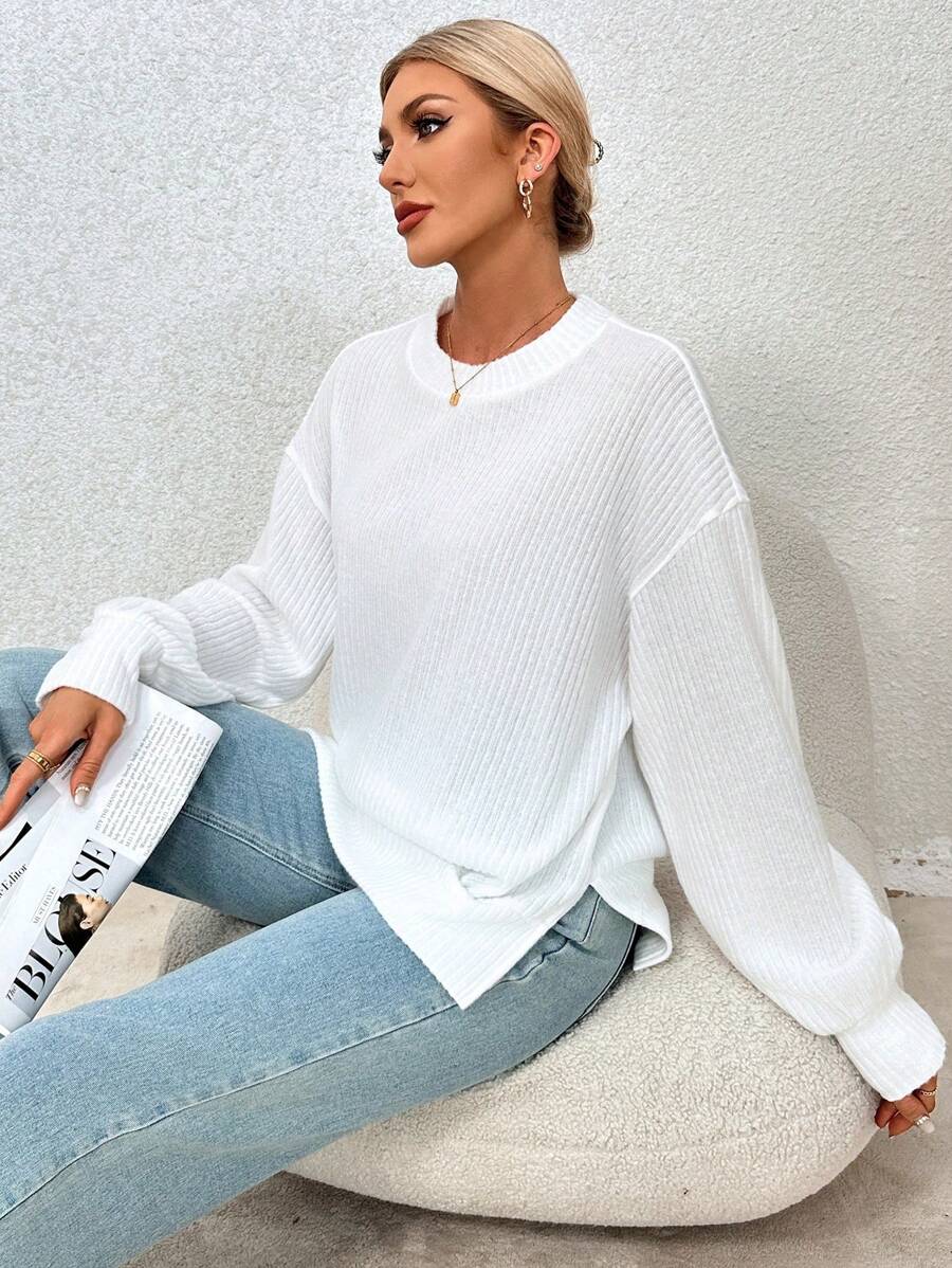 SHEIN Essnce Thả vai Viền chia cắt Áo thun - trắng - Xem 1