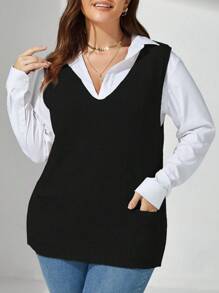 Blusa sin mangas de punto con cuello en V y detalle de lazo para mujer tallas grandes, prenda de punto informal para otoño/invierno - Negro - Ver 1
