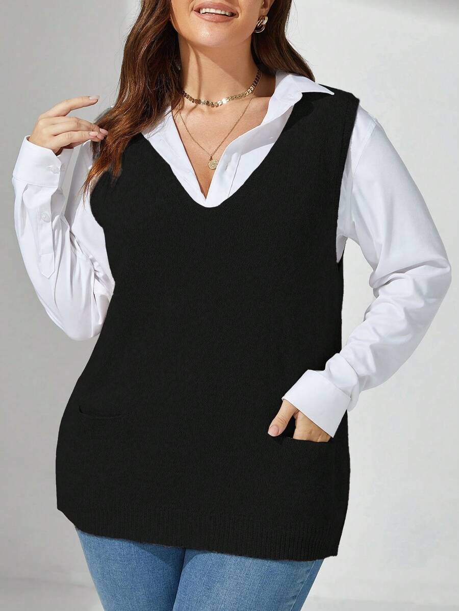 Blusa sin mangas de punto con cuello en V y detalle de lazo para mujer tallas grandes, prenda de punto informal para otoño/invierno - Negro - Ver 1