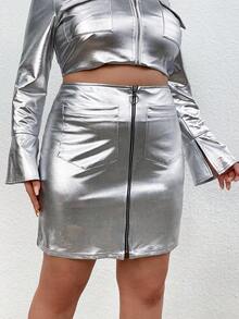SHEIN ICON Zipper Pocket High Waisted Skirt - Silver - View 5