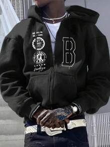 Manfinity Homme Men Letter Graphic Zip Up Drawstring Hoodie - Black - View 2