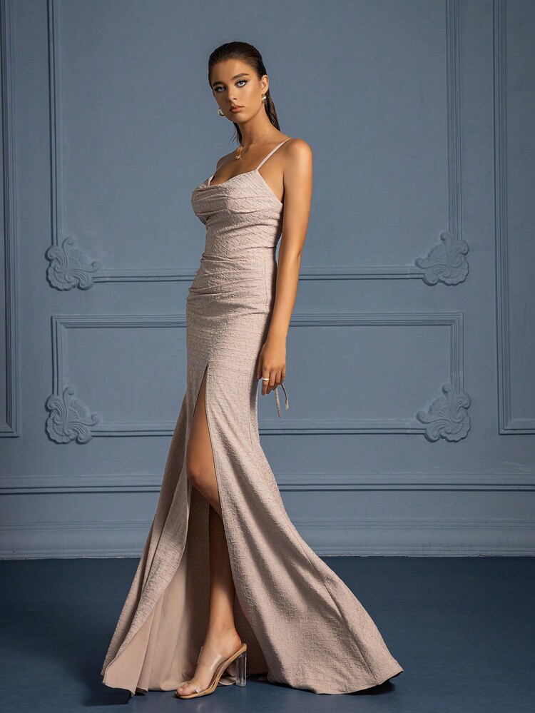 Lace-up Back Split Thigh Cami Formal Dress - Brown - View 4