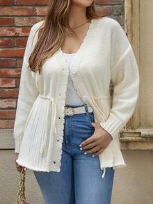 SHEIN LUNE Kích thước lớn Của phụ nữ Eo dây rút Áo len Mở Với Hình quạt Hem - Màu be - Xem 3