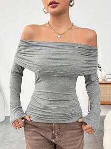 SHEIN EZwear Camiseta Sin Hombros Con Fruncido