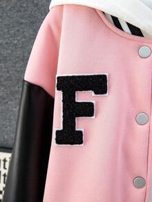 SHEIN Tween 女孩 PU 拼布短款粉色棒球夹克和粉色运动裤两件套服装 - 粉色 - 查看 5