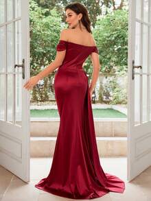 MUXXN 露肩褶皺側開叉大腿緞面正式禮服 - 紅色 - 查看 2