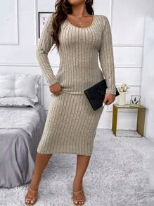 SHEIN Unity 女性修身大尺碼長袍,採用厚實面料,適合秋冬穿著 - 卡其色 - 查看 6