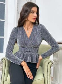 SHEIN Privé 女士荷邊t恤 - 銀色 - 查看 1