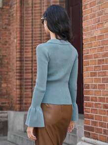 Dazy Star Solid Flounce Sleeve Sweater - Blue - View 2