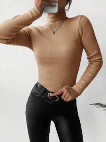 EURMUSE Women's Solid Color High Neck Sweater - Camel - View 3