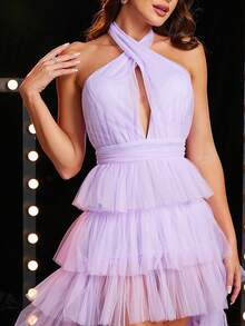 Missord 女士纯色露背镂空多层不对称下摆连衣裙 - 淡紫色 - 查看 3