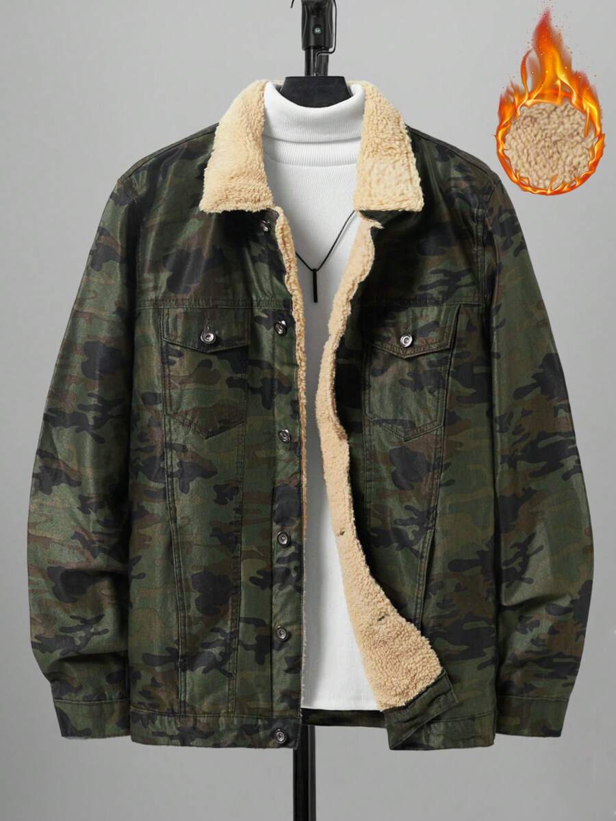 SHEIN Cottnline Men's Fleece Lined Green Denim Jacket - Multicolor - View 1