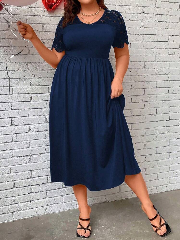 SHEIN Clasi パッチワーク レース ビッグサイズウエディングドレス Vネックスタイル - ネイビーブルー - 見る 3