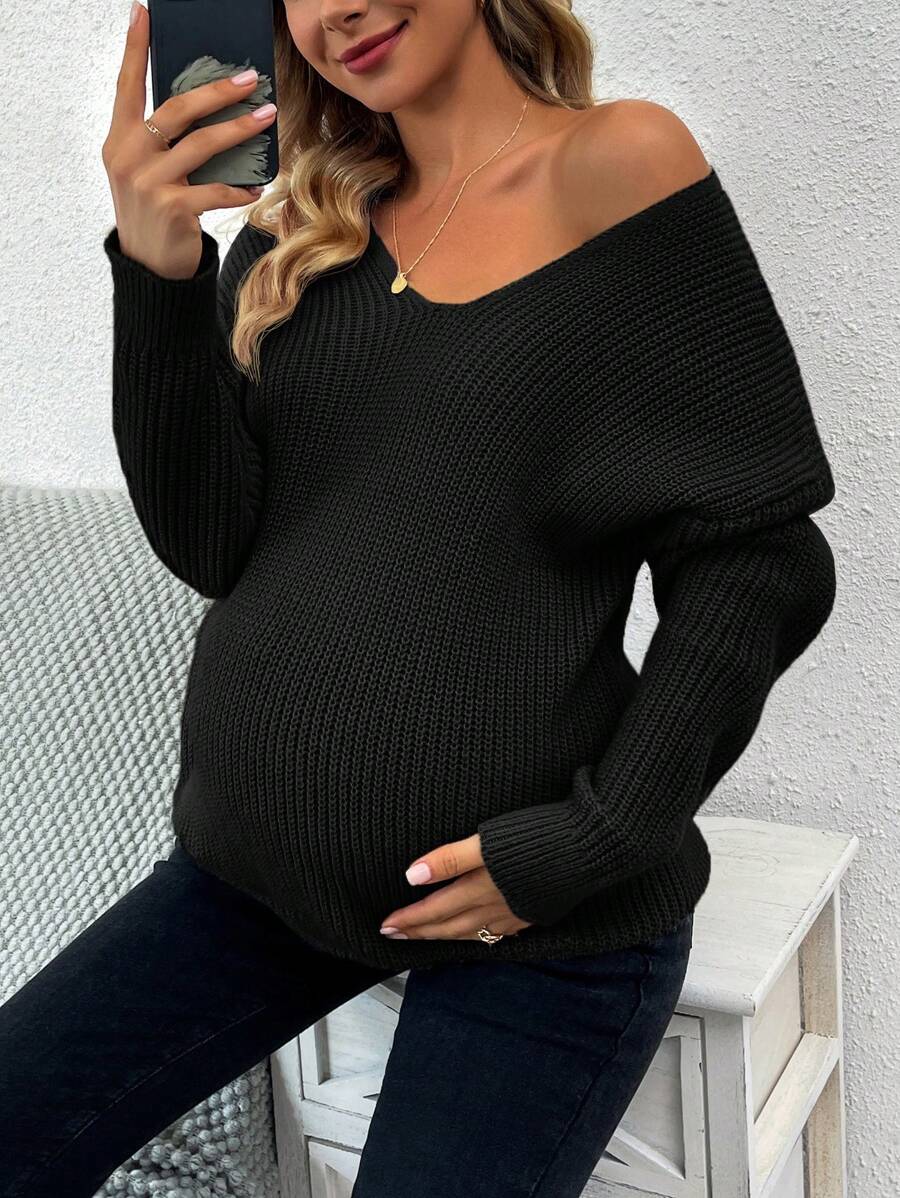 SHEIN 孕婦純色v領舒適休閒毛衣 - 黑色 - 查看 1