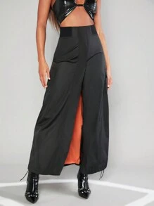 SHEIN Unity Flap Pocket Contrast Split Front Skirt - Black - View 5