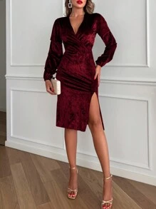 RueChic 女士酒紅色絨面深v領長袖高開叉連衣裙