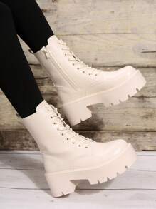 Của phụ nữ Đúng mốt Dày Chóp giầy tròn Giữa bắp chân Giày ống Với Dây kéo bên Và Mặt trước Ren In Mùa Thu /đông - Màu be - Xem 1