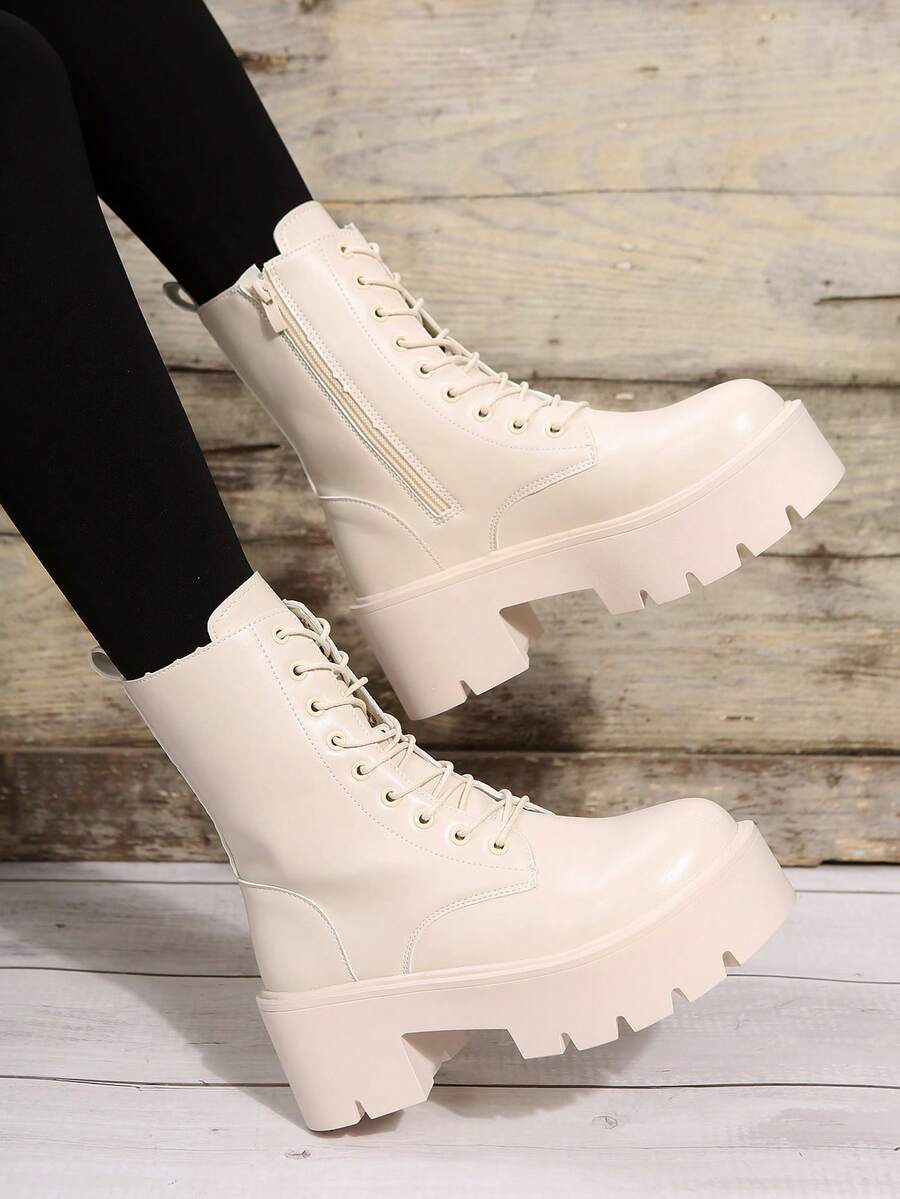 Của phụ nữ Đúng mốt Dày Chóp giầy tròn Giữa bắp chân Giày ống Với Dây kéo bên Và Mặt trước Ren In Mùa Thu /đông - Màu be - Xem 1