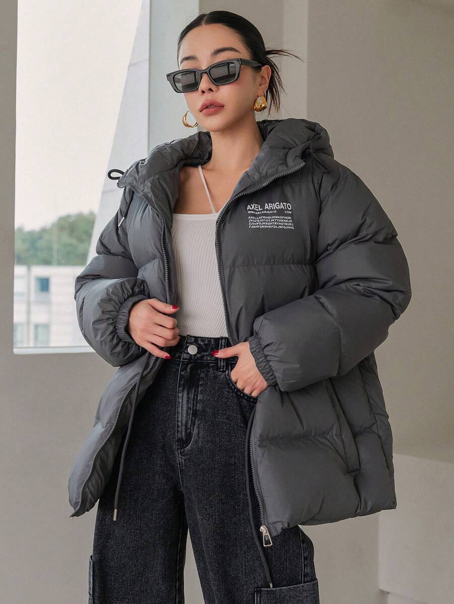 DAZY 标语印花抽绳连帽棉衣，冬季女装，冬季女装外套