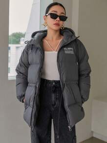 DAZY 标语印花抽绳连帽棉衣，冬季女装，冬季女装外套