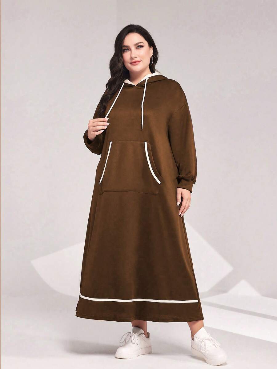 Mulvari Kích thước lớn Khối màu Đàm áo cánh có mũ Với Cán Hem Và Dây rút - Màu nâu Mocha - Xem 1