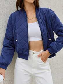 SHEIN Frenchy Solid Zip Up Quilted Padded Coat - Navy Blue - View 1