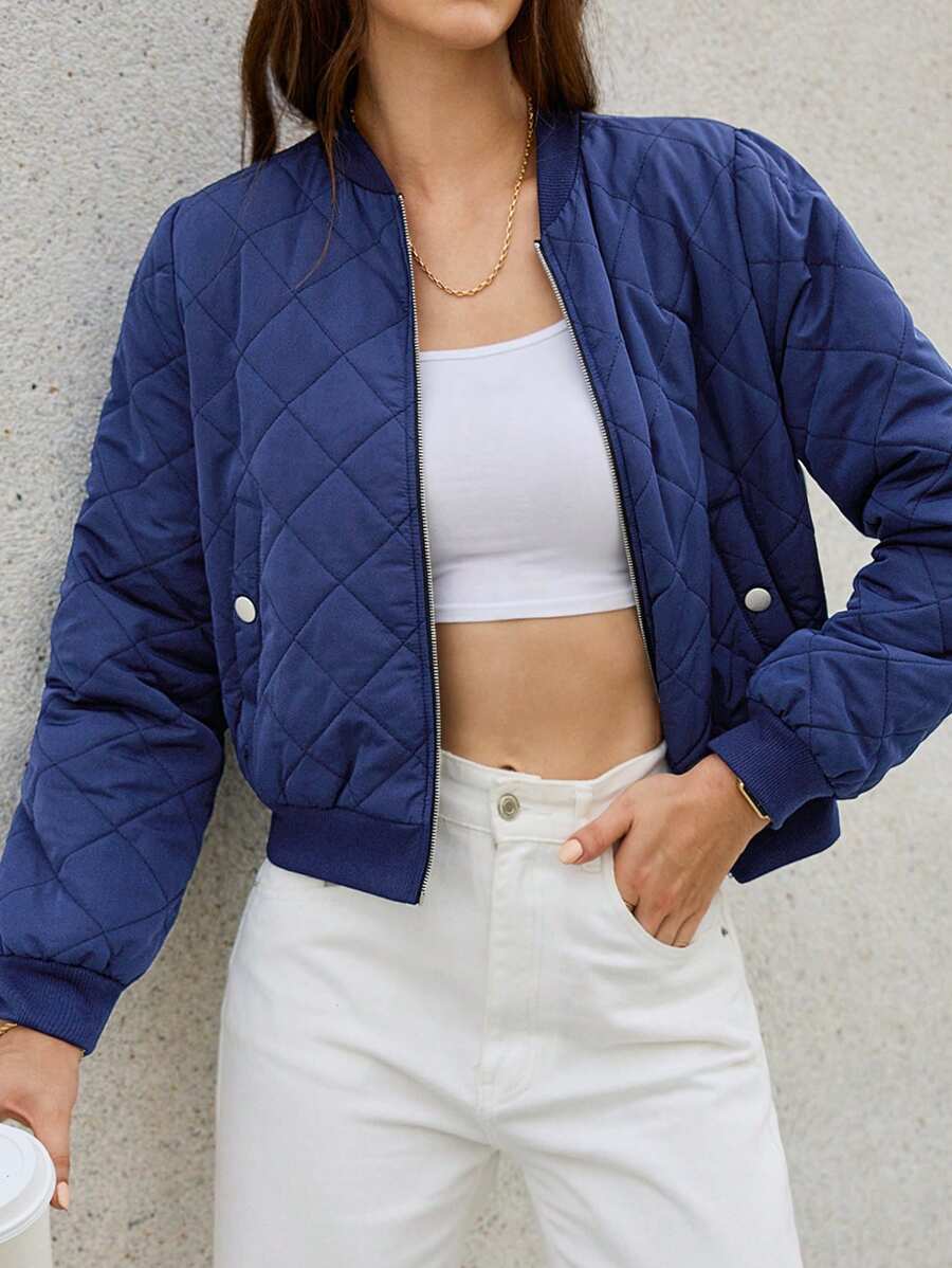 SHEIN Frenchy Solid Zip Up Quilted Padded Coat - Navy Blue - View 1