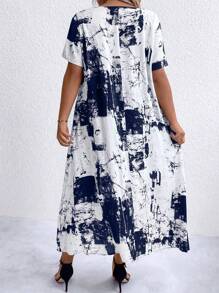 SHEIN LUNE Plus Size Women's Printed Dresses For Summer - Navy Blue - View 2