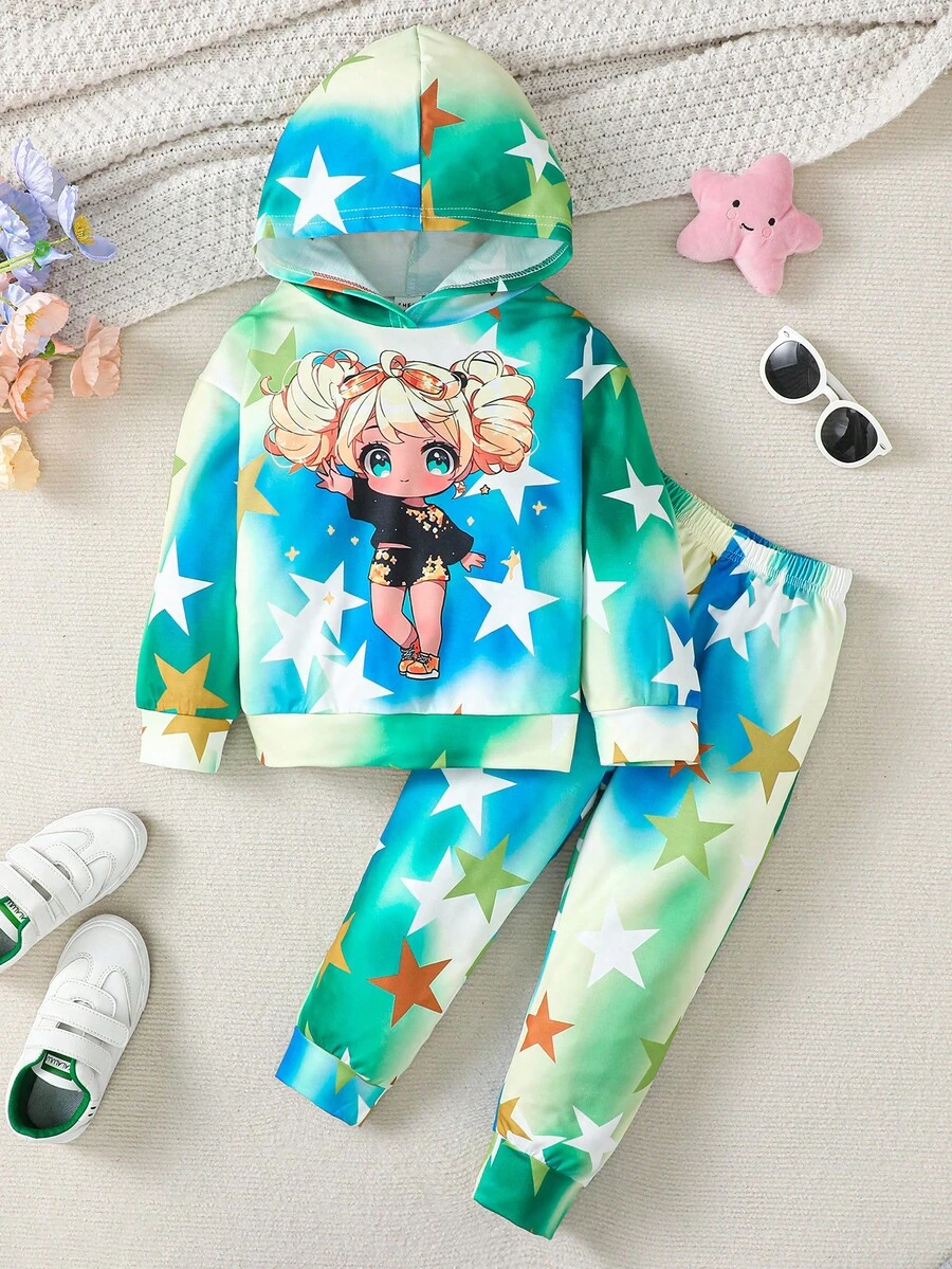 SHEIN 女童數碼印花星星卡通休閒套裝,長袖連帽衛衣搭配長褲,可愛適合秋冬穿著 - 彩色 - 查看 1