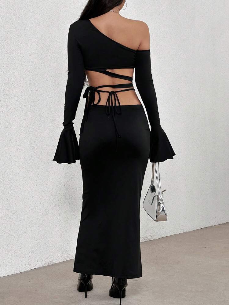 Women's Asymmetric Collar, Bell Sleeve, Cropped Top And Mermaid Hem Skirt Set