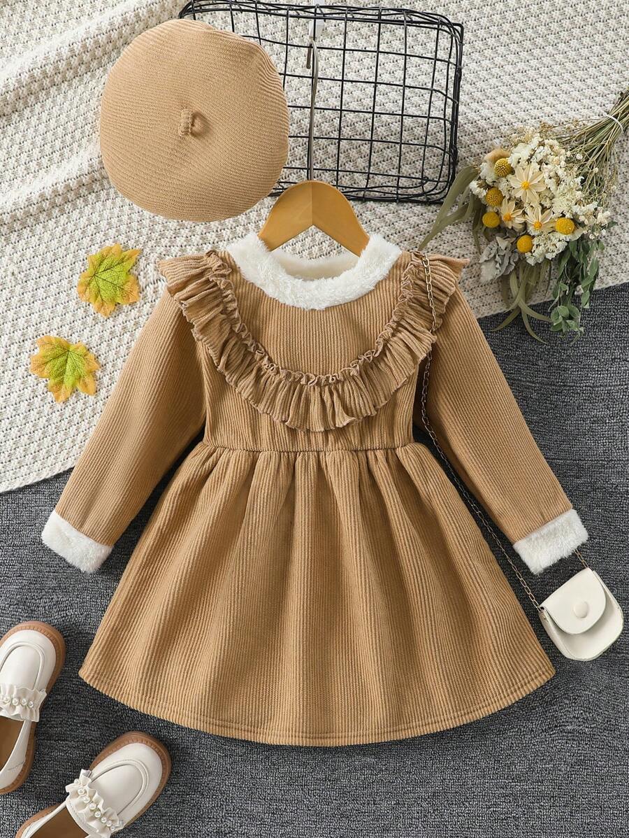 SHEIN Nhỏ bé Cô gái Cổ tròn Đầm Với Ruffled Trang trí - Màu Khaki - Xem 1