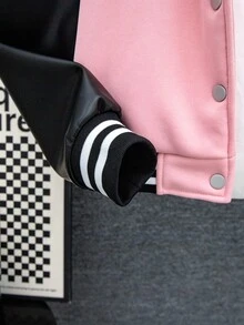 SHEIN Tween 女孩 PU 拼布短款粉色棒球夹克和粉色运动裤两件套服装 - 粉色 - 查看 4