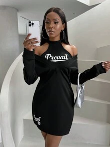 BamGleam 女性徽章印花綁頸背心和丟肩連衣裙套裝 - 黑色 - 查看 4