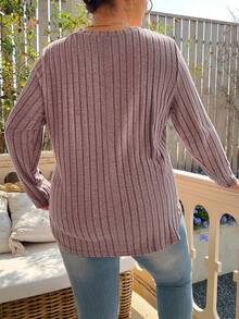 SHEIN CURVE+ Plus Size Solid Color V-neck Long Sleeve T-shirt - Dusty Pink - View 2