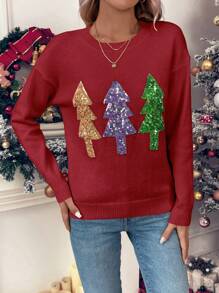 SHEIN LUNE Sequin Christmas Tree Pattern Drop Shoulder Knit Pullover Fall Winter Sweater - Red - View 4
