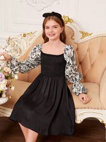 Tween Girl Floral Print Flounce Sleeve Dress - Black - View 5