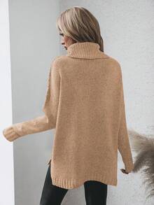 SHEIN LUNE High Neck Drop Shoulder Sleeve Sweater - Khaki - View 2
