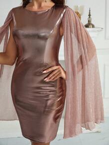 SHEIN Belle Boat Neck Contrast Patchwork Pleated Metallic Dress For Women - Pink - View 2